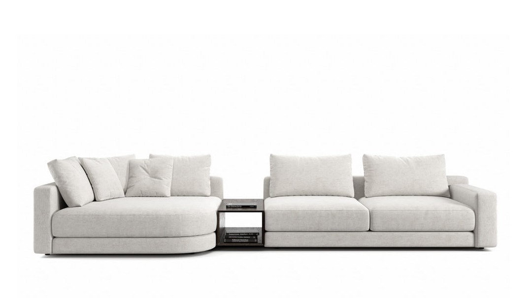 Ilga kreminė sofa Stone su įmontuota lentynėle, OLTA