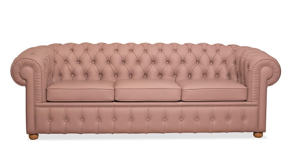 Kler rausva odinė sofa Orfeo su dekoratyviomis sagimis