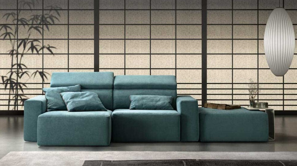 Žalsvai mėlyna kampinė sofa Best medinės pertvaros fone, SAMOA DIVANI