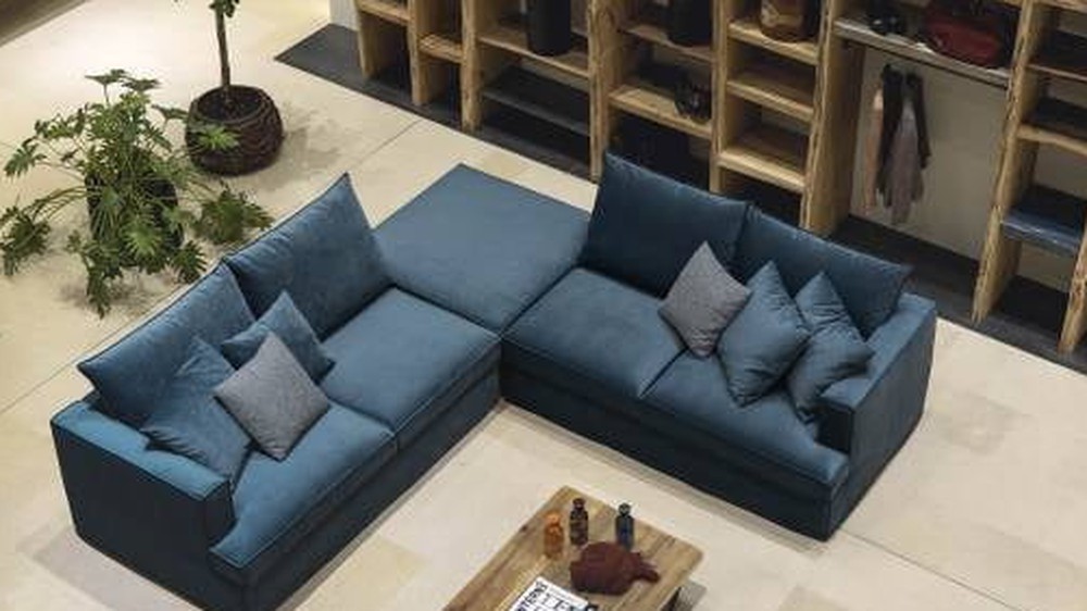 Mėlyna kampinė sofa Alter svetainėje su knygų lentynomis, SAMOA DIVANI