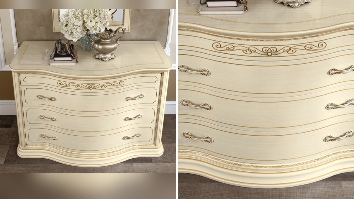 Komoda Torriani Ivory su ornamentuotu veidrodžiu virš jos, CAMELGROUP