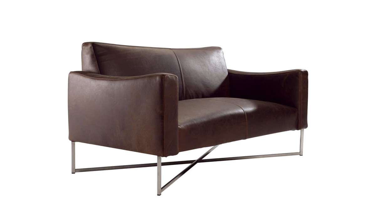 Ruda odinė dvivietė sofa Luis ant sukryžiuotos plieno bazės, KFF