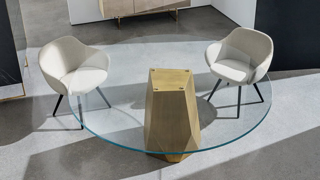 Valgomojo modernus stalas Sovet Deod stiklinis apvalus