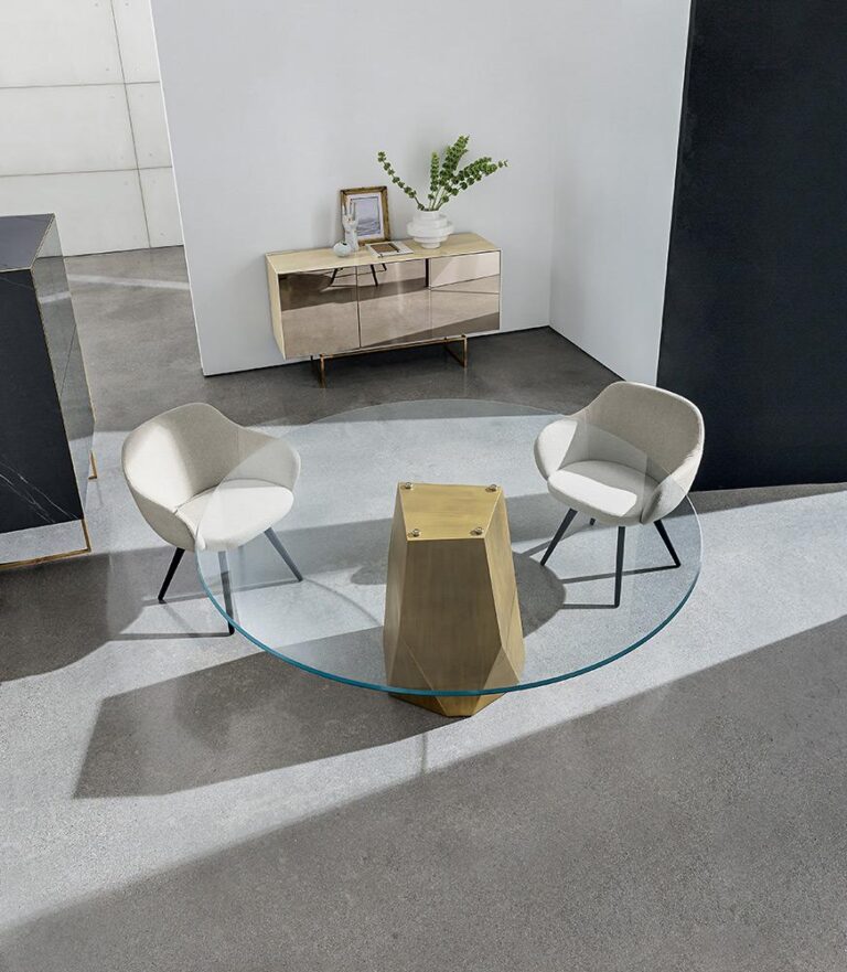 Valgomojo modernus stalas Sovet Deod stiklinis apvalus