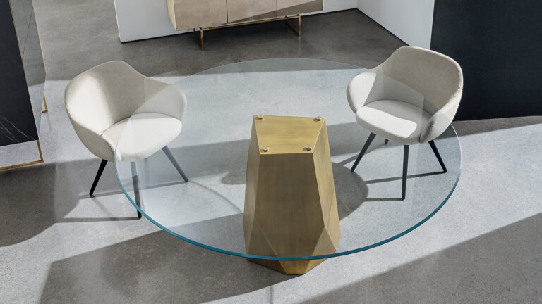 Valgomojo modernus stalas Sovet Deod stiklinis apvalus