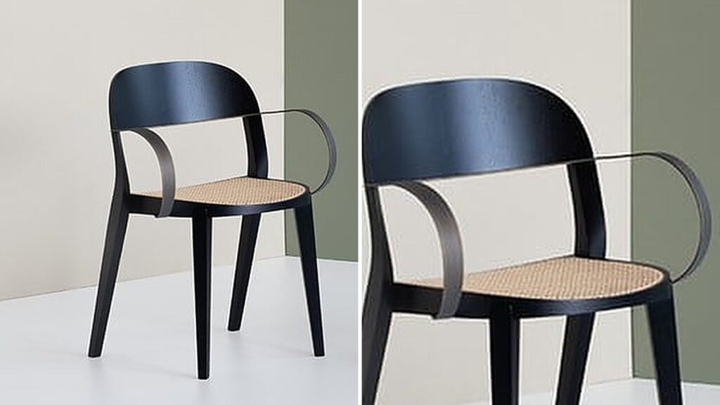 Juoda kėdė Minima su porankiais ir pintu medžio pagrindu, POTOCCO