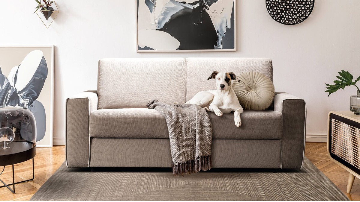 Ruda sofa Badaboom svetainės interjere su šunimi, FAMILY BEDDING