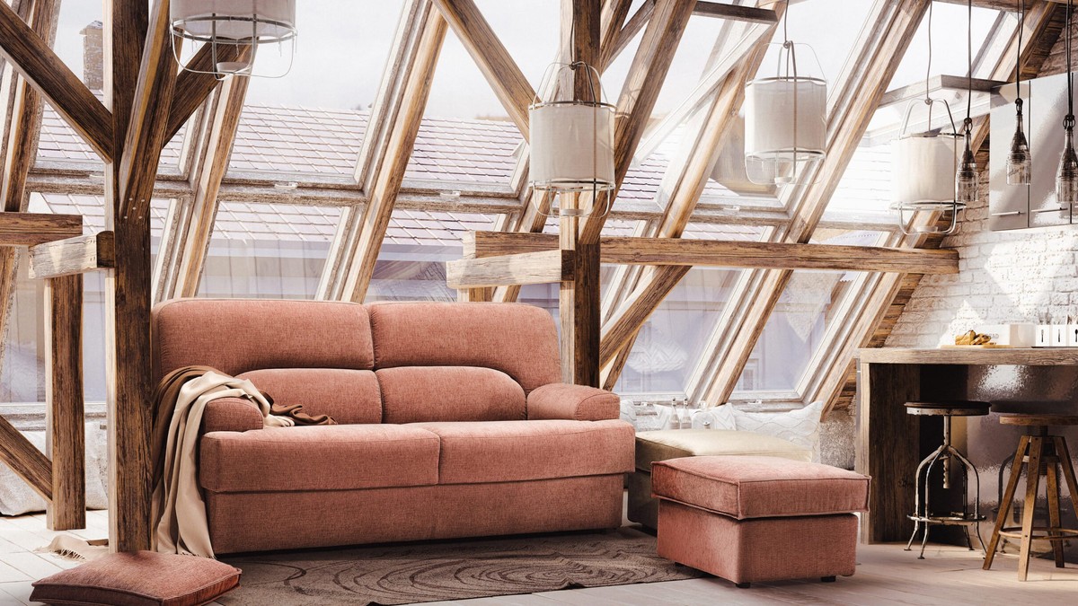Smėlio spalvos sofa Charlie lofto interjere, FAMILY BEDDING