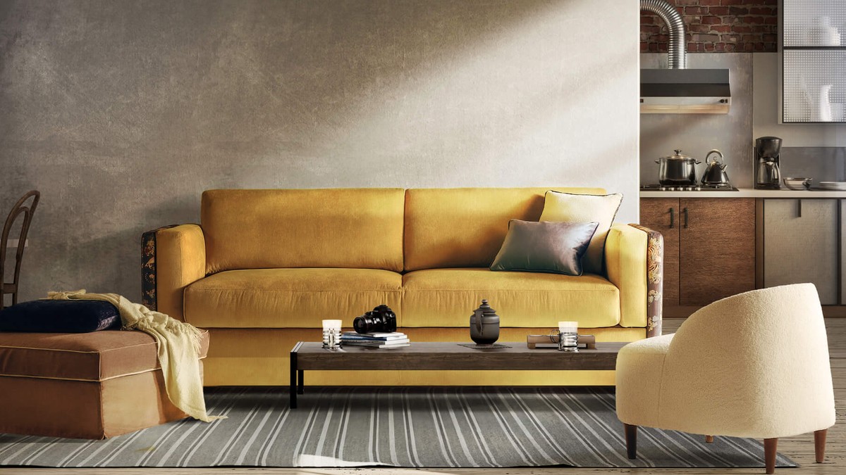 Garstyčių spalvos sofa You&Me medinės apdailos interjere, FAMILY BEDDING