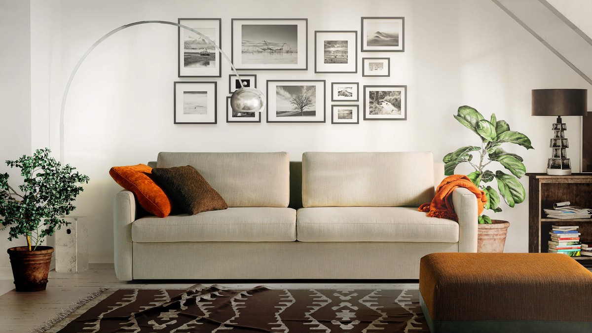 Smėlio spalvos sofa Travis šviesiame lofto interjere, FAMILY BEDDING