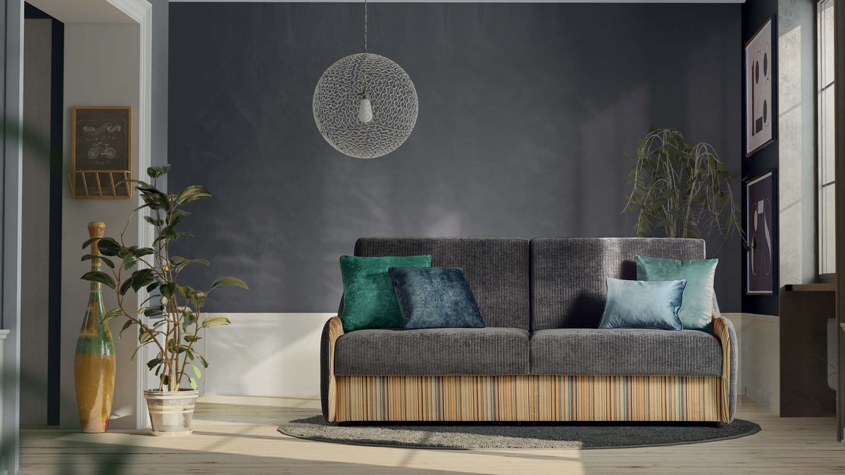 Pilka sofa Wave modernaus stiliaus interjere, FAMILY BEDDING