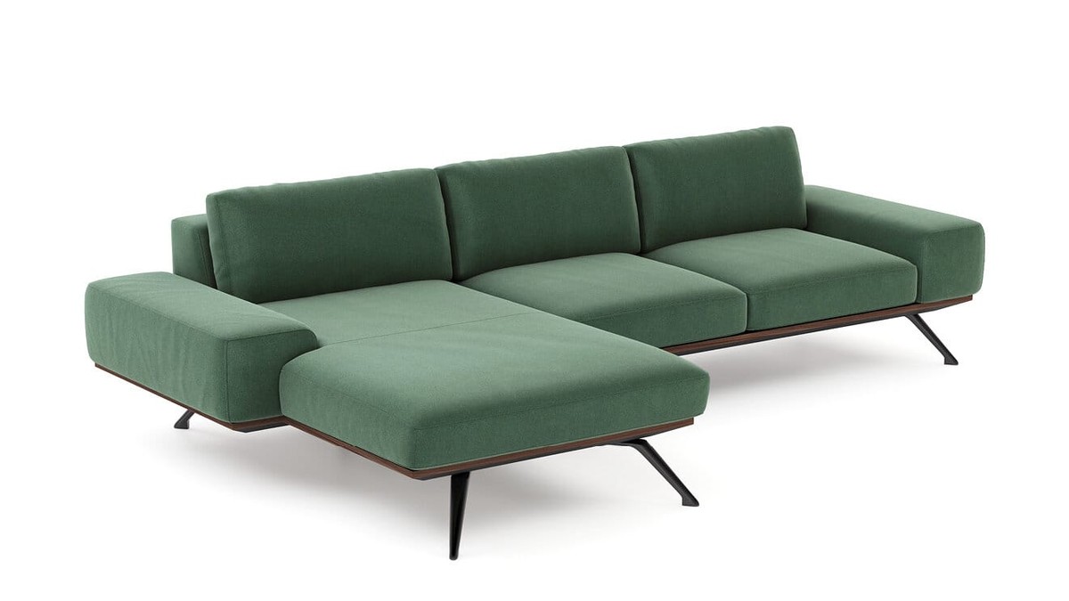 Kler žalia veliūrinė sofa Figaro Uno su pufu kairėje pusėje