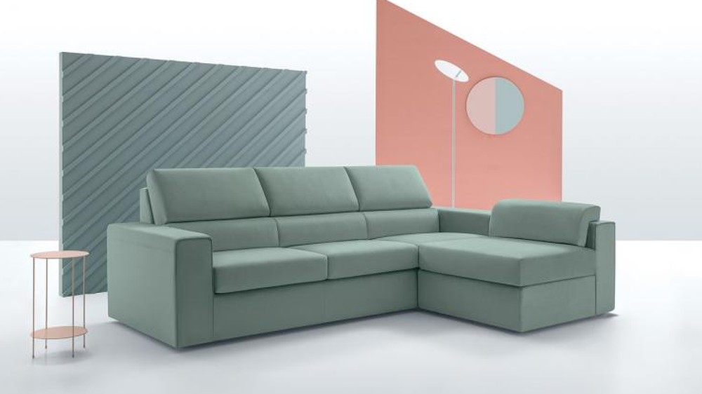 Mėtinė modulinė sofa Bloom su gultu prie spalvotų plokščių, FELIS