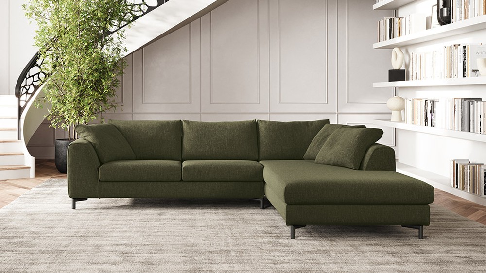 Žalia modulinė sofa Capitol prie sraigtinių laiptų ir lentynų, FELIS