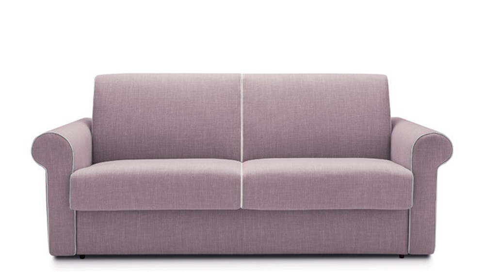 Rausva sofa-lova Callas baltame fone su lenktais porankiais, FELIS