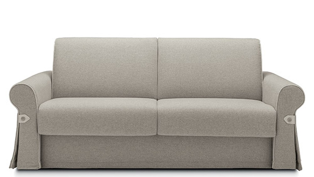 Smėlio spalvos sofa-lova Flair baltame fone su suapvalintais porankiais, FELIS