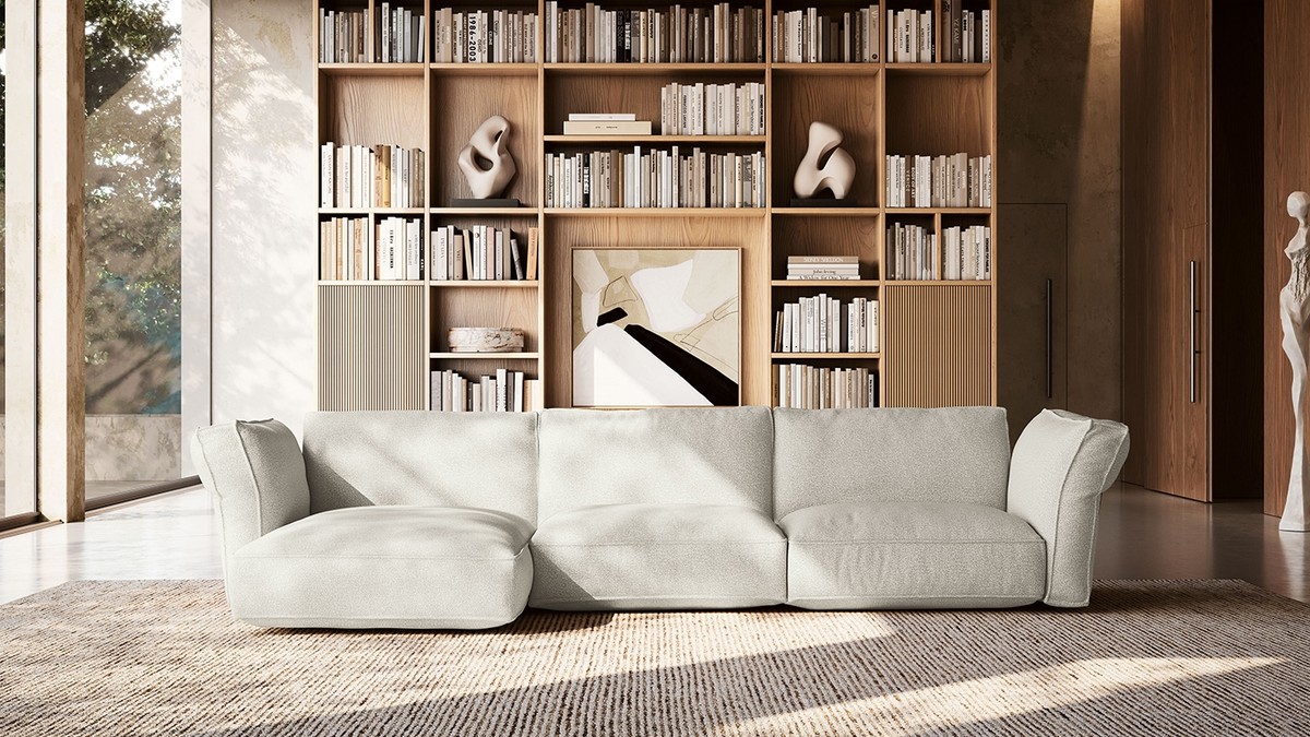Modulinė sofa Cocoon medinio kambario interjere – antras rakursas, FELIS