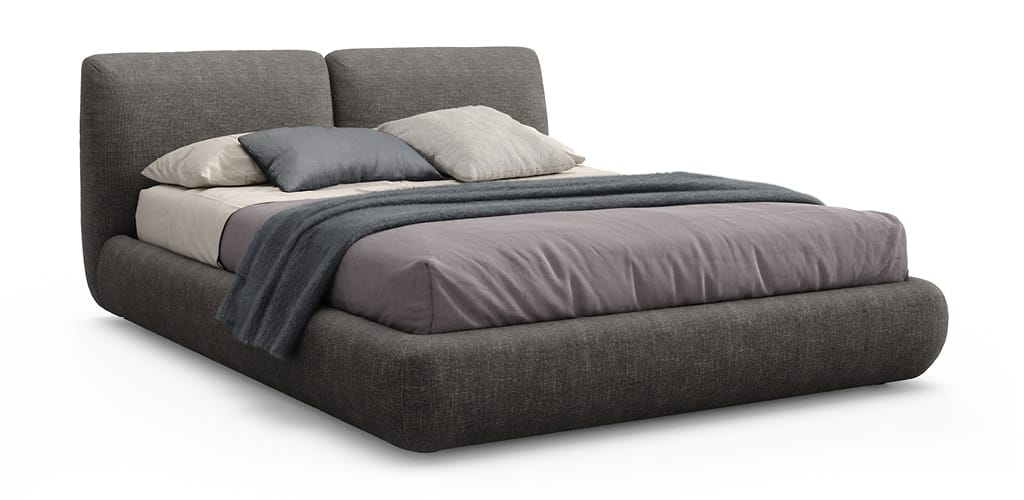 Tamsiai pilkas suapvalintas rėmas, lova Midnight, baltame fone 3/4 rakursu, Novamobili