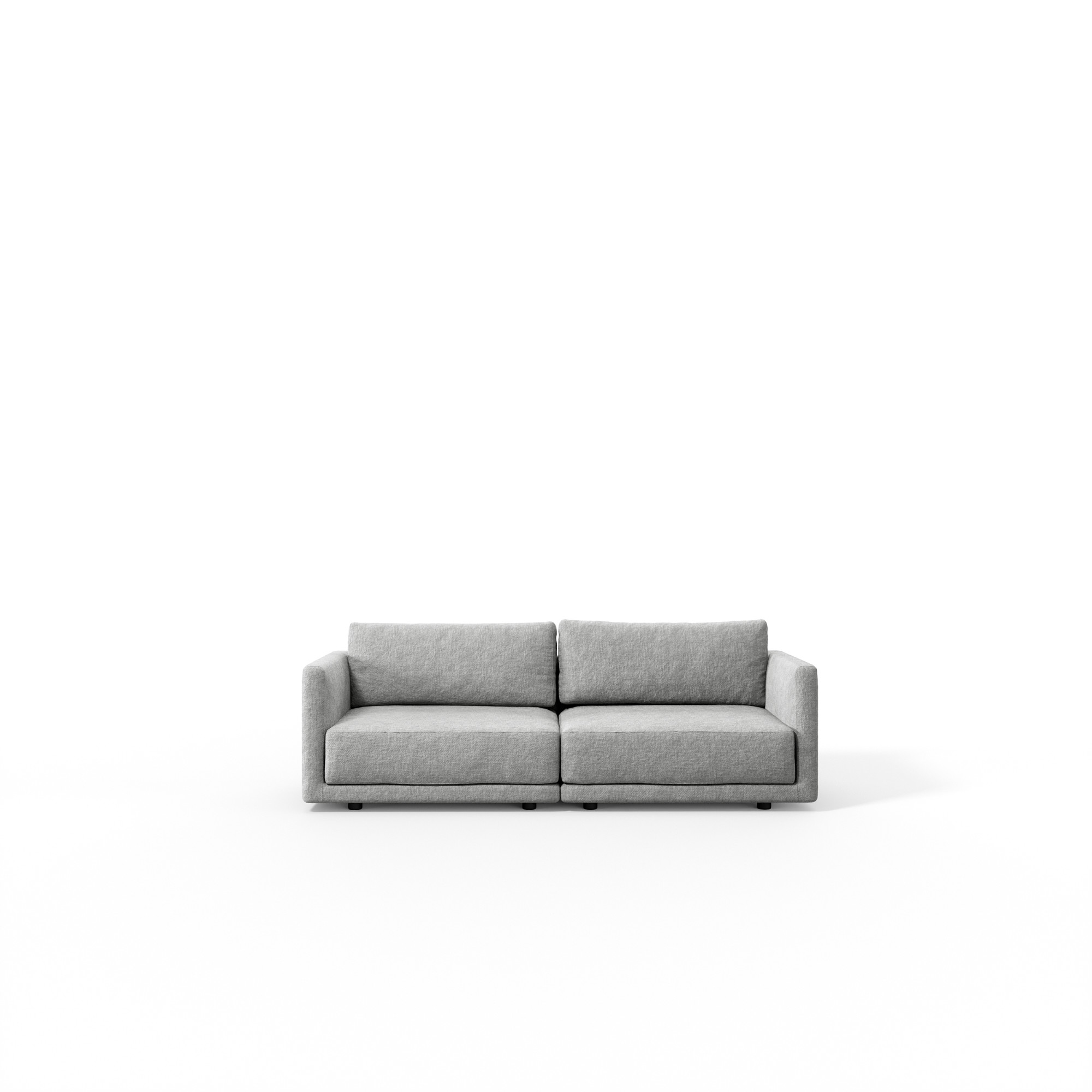 Šviesiai pilka dvivietė sofa Mac su siaurais porankiais, baltame fone, Novamobili