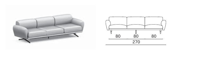 Brėžinys su išmatavimais, tiesi sofa Noa, Novamobili