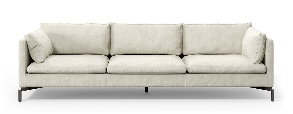Šviesiai smėlio trivietė sofa Reef su plonomis metalinėmis kojomis, iš priekio baltame fone, Novamobili