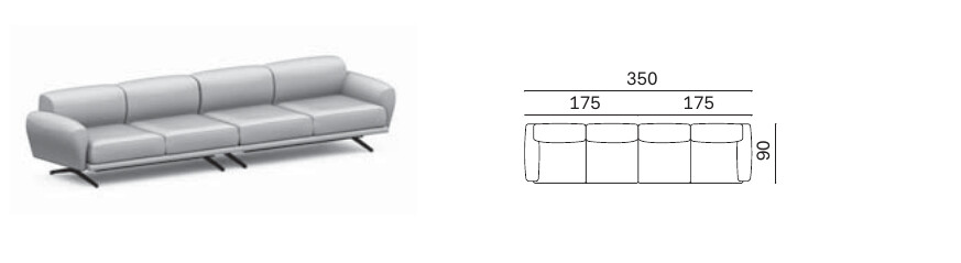 Brėžinys su išmatavimais, tiesi sofa Noa, Novamobili