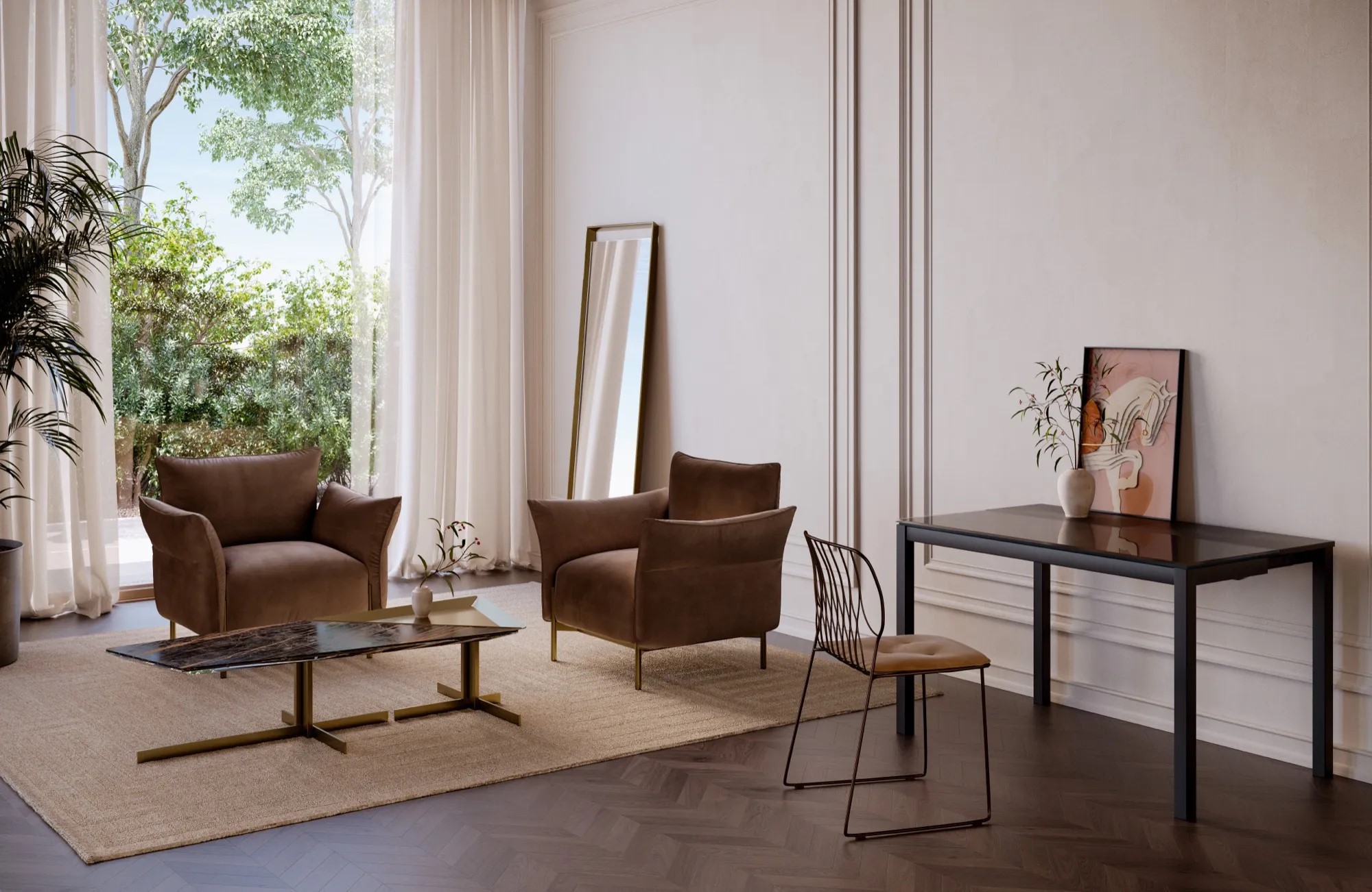 Alebastro spalvos kilimas Borges po rudais foteliais svetainėje, Bontempi