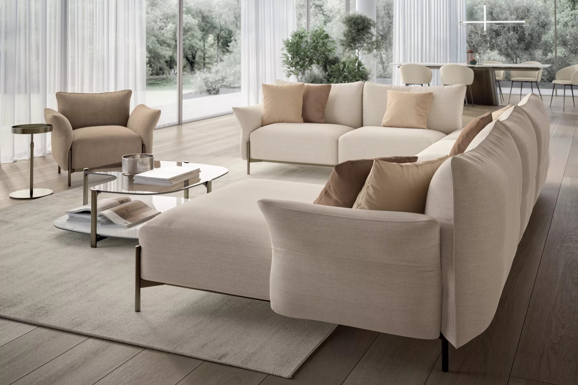 Kreminė kampinė sofa Victor su foteliu ir kavos staliuku svetainėje, Bontempi